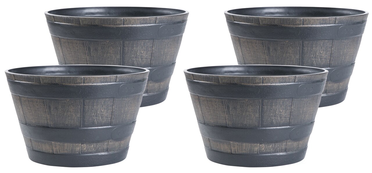 Gardenised 4-Piece Round Half Barrel Flower Pots Rustic Farmhouse Style Faux Wood Planter Containers for Indoor & Outdoor Use Perfect for Displaying Decorative Garden Florals Herbs & Succulents
